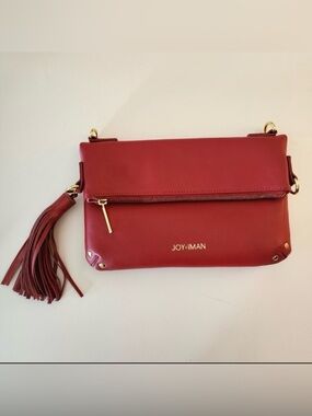 JOY & IMAN Red Genuine Leather Clutch Tassel Detail EUC